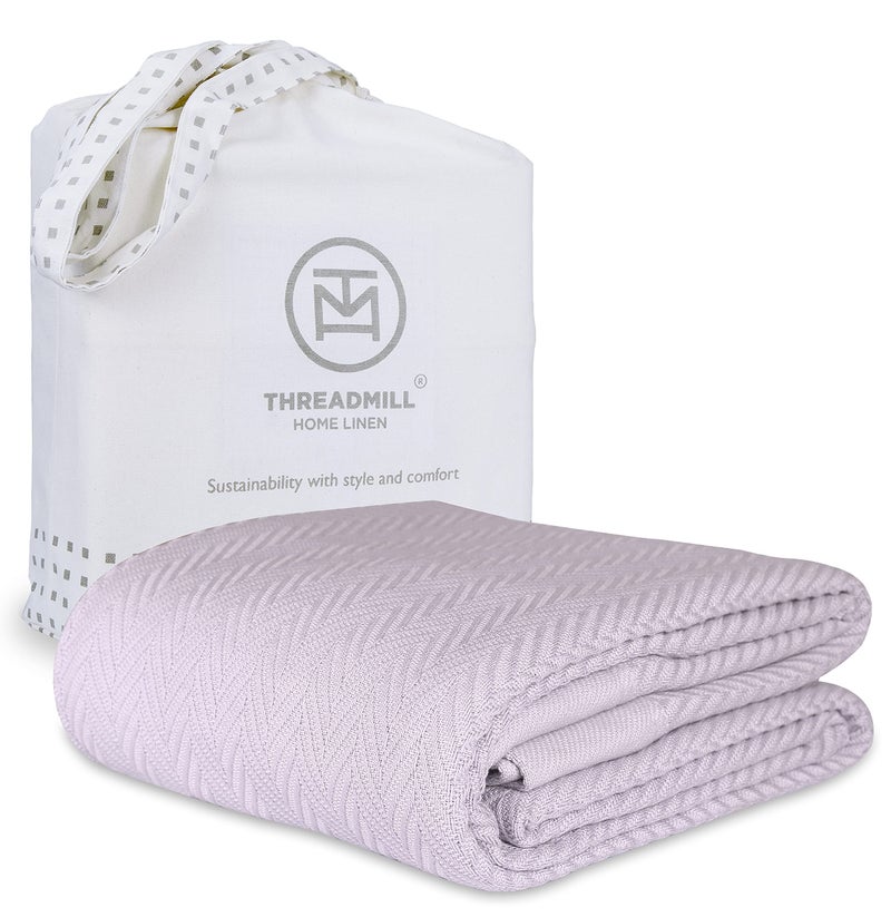 Threadmill Luxury Cotton Blankets for King Size Bed | All-Season Cozy 100% Cotton King Size Blanket | Herringbone Soft Fall Thermal Blanket fits California King Size Bed, 106x92 | Lilac - Image 1